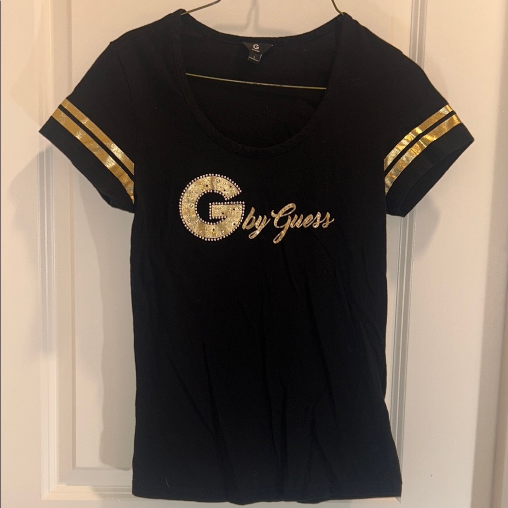 Guess Black Short-Sleeve Tee with Gold Logo and Sleeve Stripes